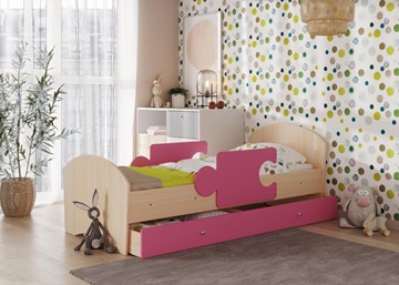 Детская кровать с бортиками и ящиком Мозайка, корпус Млечный дуб/фасад Розовый (щиты) во Владикавказе