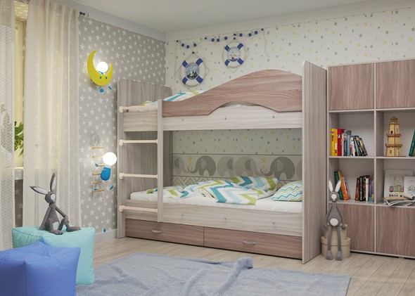 Детская 2-этажная кровать Мая с 2 ящиками на щитах, корпус Шимо светлый, фасад Шимо темный во Владикавказе - изображение