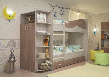 Детская двухъярусная кровать ТМК Мая на щитах со шкафом и ящиками, корпус Шимо светлый, фасад Шимо темный во Владикавказе