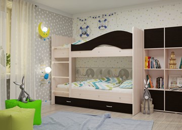 Детская  двухъярусная кровать Мая с 2 ящиками на щитах, корпус Млечный дуб, фасад Венге во Владикавказе - предосмотр 1