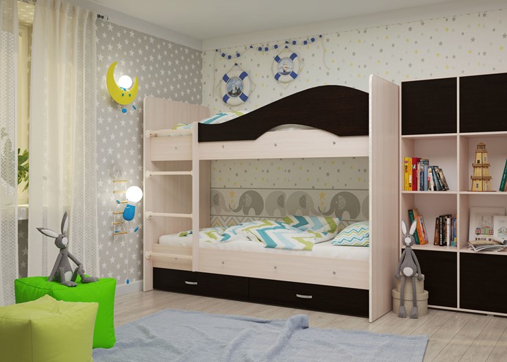 Детская  двухъярусная кровать Мая с 2 ящиками на щитах, корпус Млечный дуб, фасад Венге во Владикавказе - изображение 1