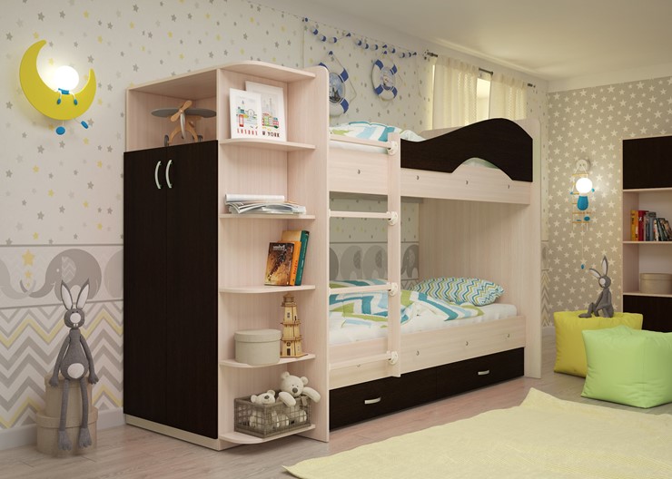 Детская  двухъярусная кровать Мая с 2 ящиками на щитах, корпус Млечный дуб, фасад Венге во Владикавказе - изображение 2