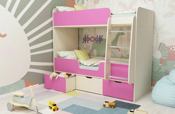 Детская 2-х ярусная кровать Малыш двойняшка 70х160, корпус Дуб молочный, фасад Розовый во Владикавказе