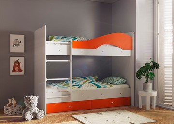 Детская двухъярусная кровать Мая с 2 ящиками на щитах, корпус Млечный дуб, фасад Оранжевый во Владикавказе - предосмотр