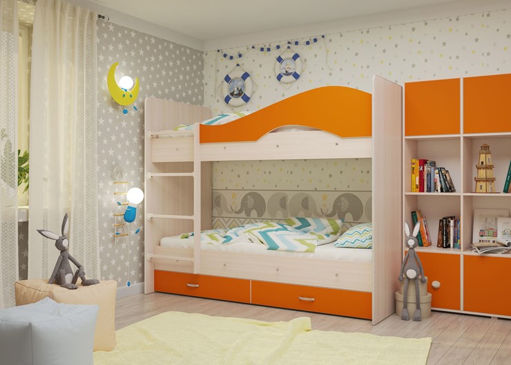 Детская двухъярусная кровать Мая с 2 ящиками на щитах, корпус Млечный дуб, фасад Оранжевый во Владикавказе - изображение 3