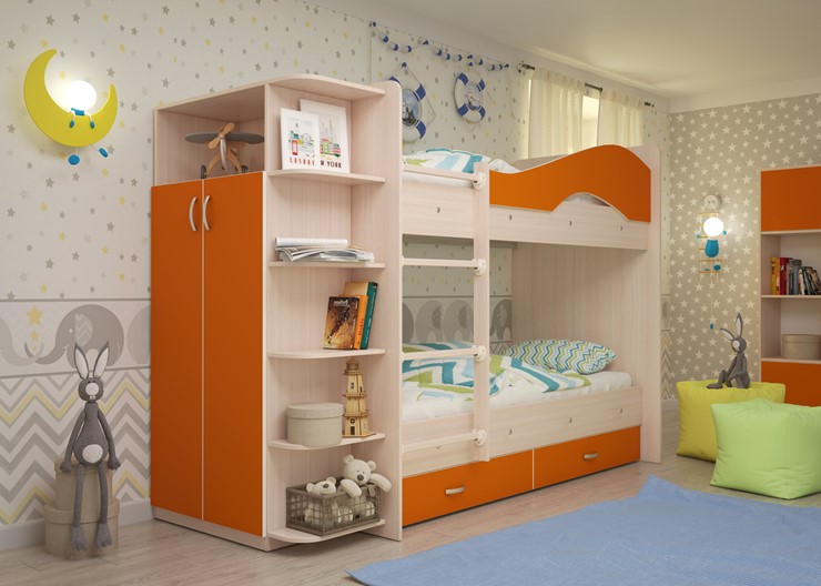 Детская двухъярусная кровать Мая с 2 ящиками на щитах, корпус Млечный дуб, фасад Оранжевый во Владикавказе - изображение 1