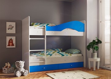 Двухэтажная детская кровать Мая с 2 ящиками на щитах, корпус Млечный дуб, фасад Синий во Владикавказе - предосмотр