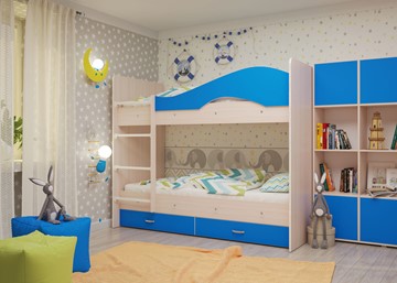 Двухэтажная детская кровать Мая с 2 ящиками на щитах, корпус Млечный дуб, фасад Синий во Владикавказе - предосмотр 3