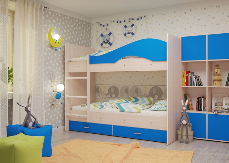 Двухэтажная детская кровать Мая с 2 ящиками на щитах, корпус Млечный дуб, фасад Синий во Владикавказе - изображение 3