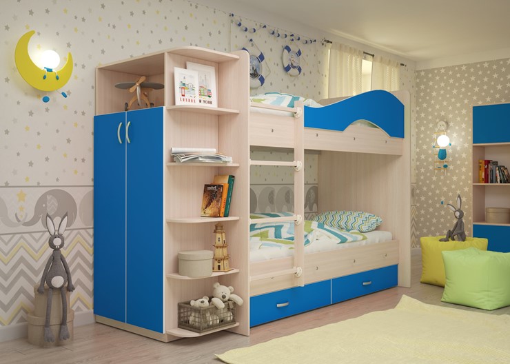 Двухэтажная детская кровать Мая с 2 ящиками на щитах, корпус Млечный дуб, фасад Синий во Владикавказе - изображение 1