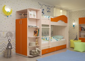Детская двухэтажная кровать Мая на щитах со шкафом и ящиками, корпус Млечный дуб, фасад Оранжевый во Владикавказе