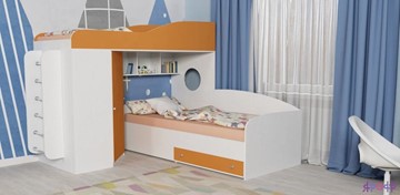 Кровать-чердак детская Кадет-2 с металлической лестницей, корпус Белое дерево, фасад Оранжевый во Владикавказе