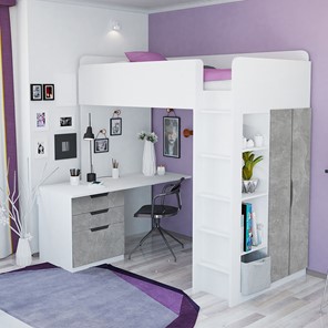 Детская кровать с письменным столом и шкафом POLINI Kids Simple Белый / Бетон во Владикавказе - предосмотр 1