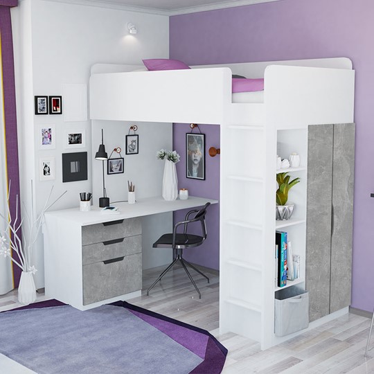 Детская кровать с письменным столом и шкафом POLINI Kids Simple Белый / Бетон во Владикавказе - изображение 1