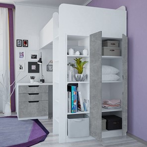 Детская кровать с письменным столом и шкафом POLINI Kids Simple Белый / Бетон во Владикавказе - предосмотр 2