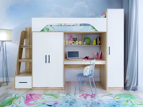 Кровать-чердак в детскую с шкафом Тея, каркас Ясень, фасад Белый во Владикавказе - изображение