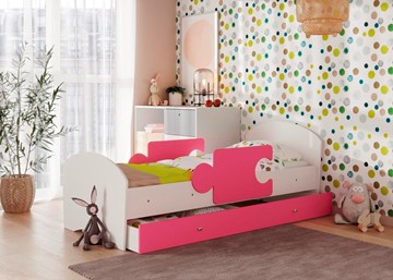 Детская кровать с бортиками и ящиком Мозайка, корпус Белый/фасад Розовый (ламели) во Владикавказе