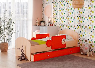 Детская кровать с бортиками и ящиком Мозайка, корпус Млечный дуб/фасад Оранжевый (ламели) во Владикавказе