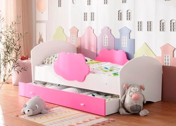 Детская кровать с бортиками Тучка с ящиком, корпус Белый, фасад Розовый во Владикавказе