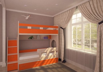 Кровать 2-ярусная Ярофф Юниор-1 с бортом, каркас Дуб, фасад Оранжевый во Владикавказе