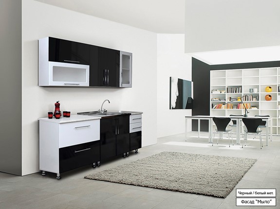 Кухня Мыло 224 2000х718, цвет Черный/Белый металлик во Владикавказе - изображение