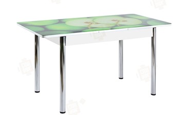 Кухонный раскладной стол Айсберг-01 СТФ, белый/фотопечать зеленые яблоки/ноги хром круглые во Владикавказе