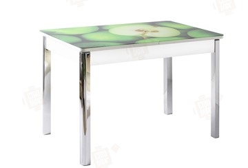 Кухонный раздвижной стол Айсберг-01 СТФ, белый/фотопечать зеленые яблоки/ноги хром квадратные во Владикавказе