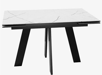 Стеклянный кухонный стол раздвижной DikLine SFM120 Стекло Белый мрамор САТИН/подстолье черное/опоры черные во Владикавказе