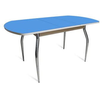 Обеденный раздвижной стол ПГ-01 СТ2, дуб молочный/синие стекло/35 хром гнутые металл во Владикавказе - предосмотр