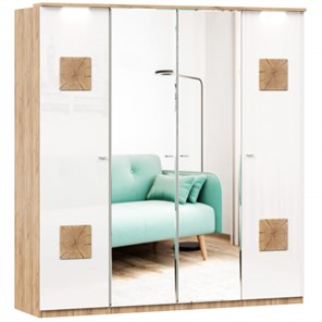 4-створчатый шкаф Фиджи с 2 зеркалами и декоративными накладками, Дуб золотой/Белый во Владикавказе
