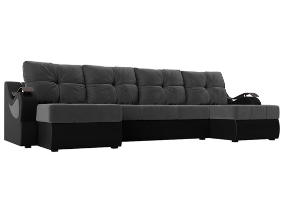 П-образный диван Меркурий П, Серый\Черный (Велюр\Экокожа) во Владикавказе - изображение